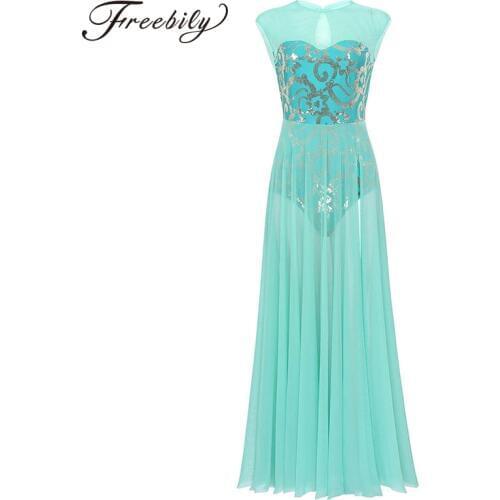 Women Floral Sequins Professional Ballet Dance Maxi Dress with Built-In Leotard Adult Modern Contemporary Lyrical Dance Costumes