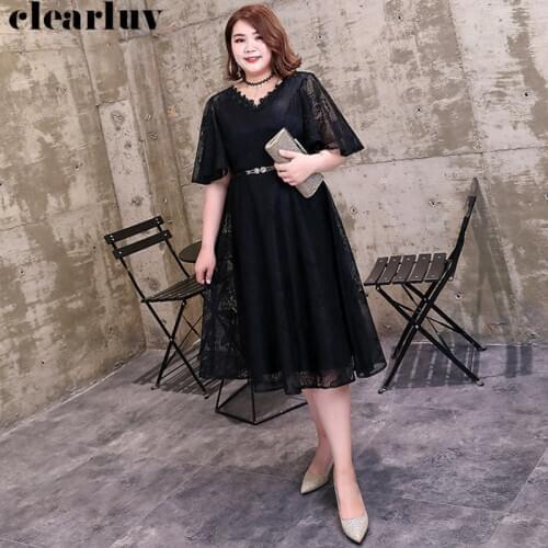 Plus Size Vestidos De Gala Lace Up Prom Gown DX002 2019 Half Sleeve V-Neck Dresses Women Party Night Black Elegant Prom Dresses