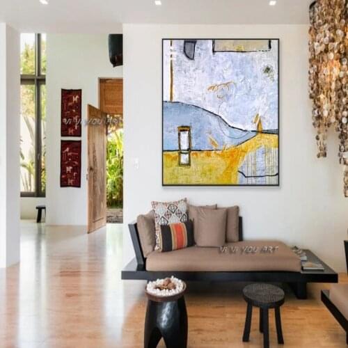 100% Handmade Contemporary Abstract Painting Large Canvas Wall Art Yellow And Blue Expressionism Modern Oil Painting