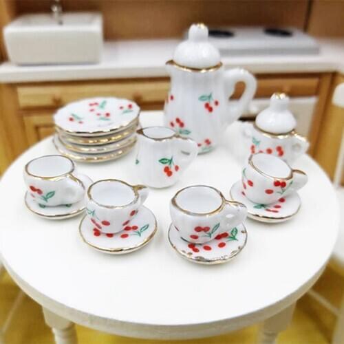 15pcs 1/12 Miniature Doll House Flower Pattern Porcelain Coffee Tea Cup Set Ceramic Tableware DIY Dollhouse Accessories Kids Toy