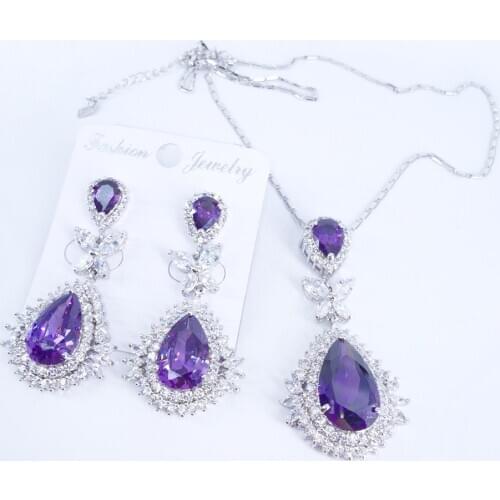 2020 new fashion purple BLUE red crystal CZ zircon necklace earrings party ball jewelry wedding dressing banquet formal jewelry