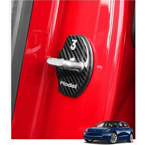 4 PCS Car Door Lock Cover for Tesla Model 3 Y 2018-2021, Stainless Steel Door Lock Striker Buckle Cap Protection Carbon Fiber