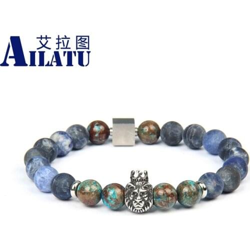 Ailatu New Stainless Steel Crown Lion Head & Skull Beaded Bracelets with 8mm Natural Blue Veins Stone Top Quality Mens Gift