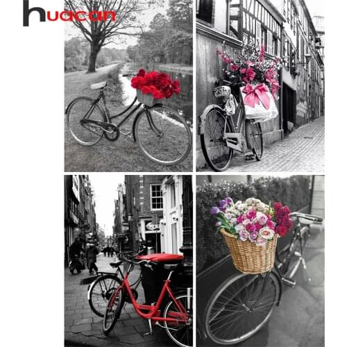 Huacan Diamond Painting Full Drill Black White Bike Mosaic Home Decor Embroidery Flower Bicycle Home Decor