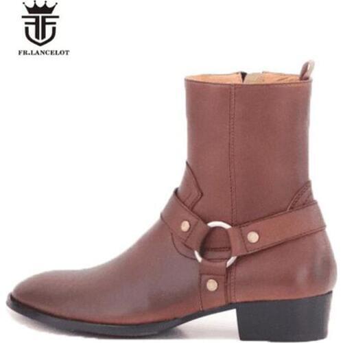 Wedge Handmade Real Cow Leather Retro buckle strap waytt Boots High Quality Men Chelsea Denim Boots