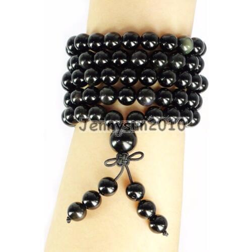 Natural Black Obsidian 8mm Gem Stone Buddhist 108 Beads Prayer Mala Multi-Purpose Stretchy Bracelet Necklace 2Strands/Pack