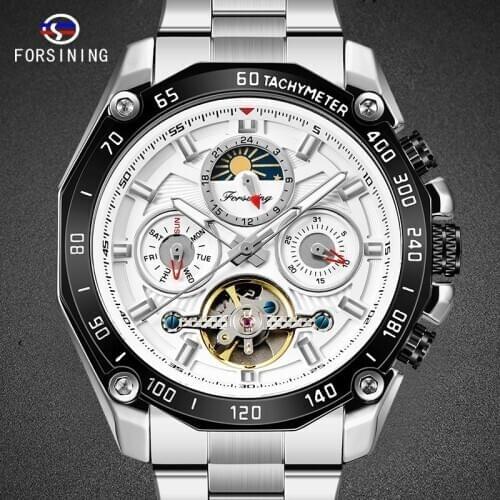 Male Watch Silver Black Men Clock Tourbilion Moon Phase Design Mechanical Automatic Mans Wristwatch