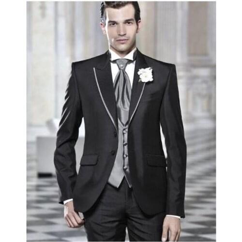Black Peaked Lapel Suits Men Bespoke Fashion Tuxedos New Style Terno Masculino Two Buttons Blazer Slim Fit(Jacket+Pant+Tie+Vest)