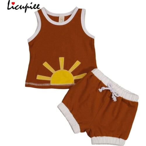 0-24 Months 2 Pieces Kids Suit Set Sun Embroidery Round Neck Camisole+ Short Pants for Summer, Brown/yellow/white