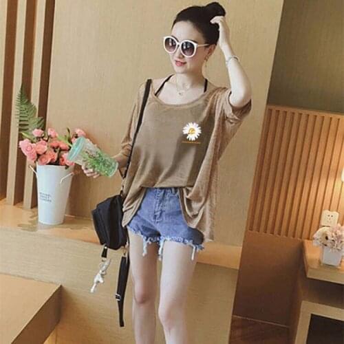 Summer Clothes 2021 Womens T-shirt Fashion Loose Sling Two-piece Thin Short Sleeve O-neck Sunscreen T Shirt Top Tee Y744