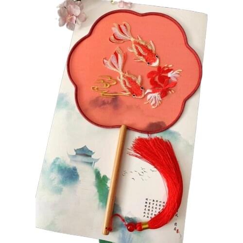 Chinese wind embroidered silk troupe fan round palace fan female long handle ancient court Han clothing photo dance fan