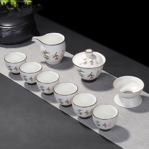 9pcs\lot Chinese white porcelain tea set Tea set teapot tea cup Travel portable tea set Household drinking utensils WSHYUFEI