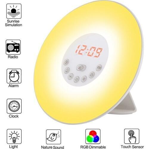 Colorful Bedroom Wake Up Digital Alarm Clock Sunrise Sunset LED Time Display With FM Radio Desktop Beside Creative Night Lamp