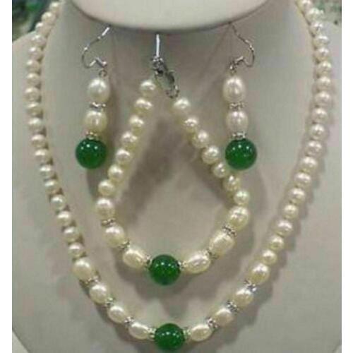 Natural 7-8mm White Pearl Green red pink Jade Gems Necklace Bracelet Earrings Set