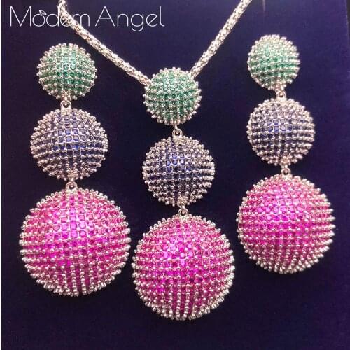 ModemAngel Three Balls Shiny Full Zircon Flowers Cubic Zirconia Pendant NECKLACE EARRINGS For Dubai Women High Quality Jewelry