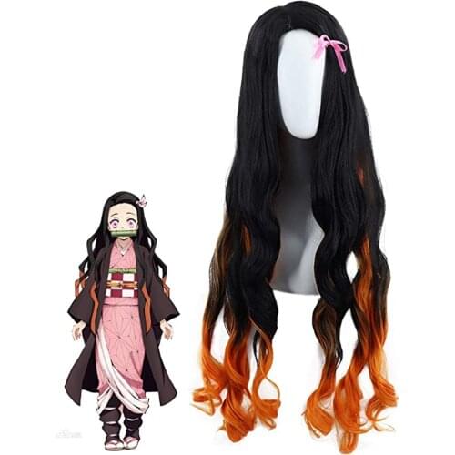 FGY Anime Wig Demon Slayers Blade Gold Gradient Color Long Roll with Bangs Japanese Anime Cosplay Synthetic Wig Halloween Wig