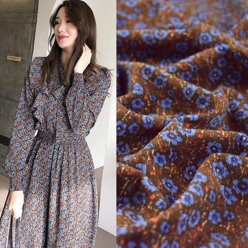 Half Meter Retro Brown Bottom With Blue Purple Flower Print Cotton Corduroy Fabric For Autumn Winter Dress Trousers Shoe Surface