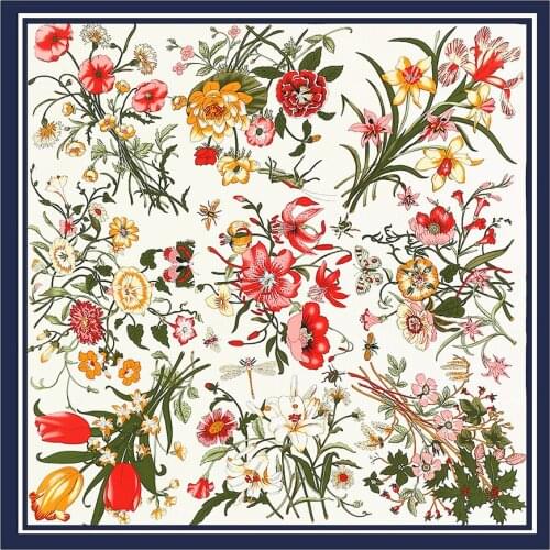 Luxury Silk Scarf Women Large Shawls Floral Design Bandana Square Scarf For Ladies Fashion Kerchief Scarves Foulards 130CM