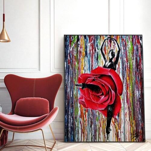 Modern Graffiti Woman In Flower Skirt Dancing Canvas Painting Poster Print Wall Art Picture For Living Room Home Decor Frameless