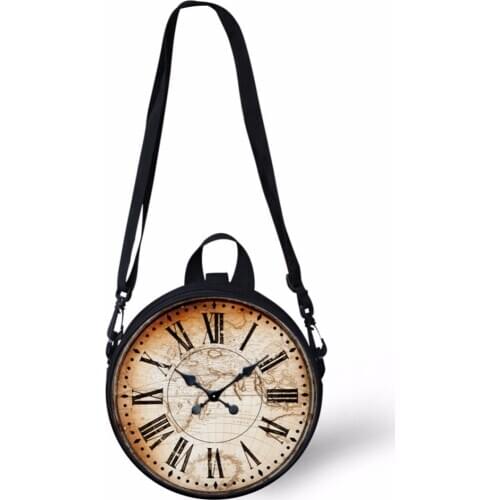ELVISWORDS Fashion Circle Crossbody Pack Mini Girls Round Bag Cute Clock Print Women Shoulder Sac Clock Bag Lady Purse Wholesale