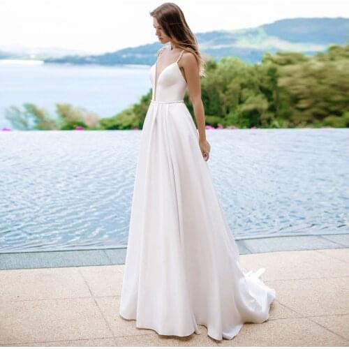 Vestidos Elegant Wedding Dresses Jersey Sashes Pleat V-Neck Spaghetti Straps Zipper A-Line Bridal Gowns 2021