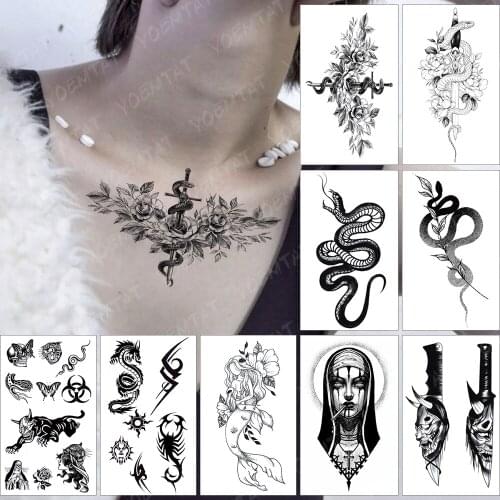 Waterproof Temporary Tattoo Sticker Old school Flash Tatoo Dark Snake cross flowers Arm Wrist Fake Tatto For Body Art Women Men