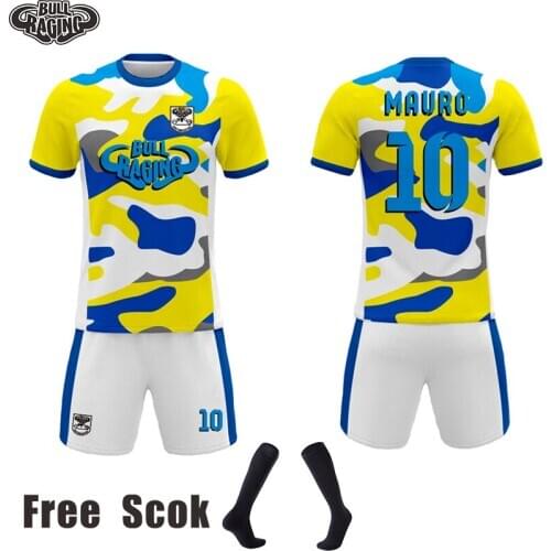 Yellow Blue Camo Design Custom Soccer Jersey Sublimation Custom Soccer Shirts Shorts Football Jersey