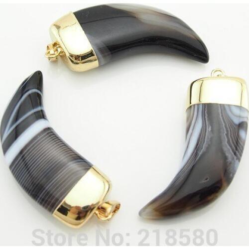 H-1PPNJ3058G Black Lace Agates Horn Tusk Pendants with Gold Electroplated Plating