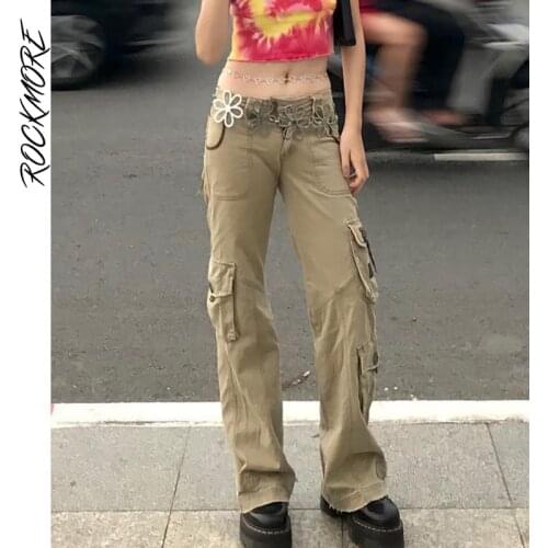 Rockmore Low Waist Cargo Pants Women Baggy Pockets Straigh Trousers Wide Leg Y2K E Girl Streetwear Punk Joggers Harajuku Autumn