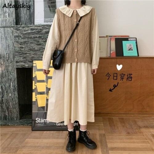 Women Sets Elegant Loose Knitted Vests Single Breasted Harajuku Twist Peter Pan Collar Long Dresses Simple Girls Chic Korean Ins