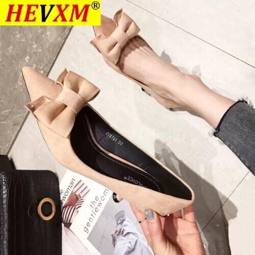 HEVXM women fashion black bow tie high quality slip on party stiletto ladies casual beige high heel shoes for office 2021