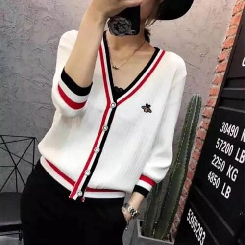 Womens tops 2020 autumn and winter new embroidery little bee sweater open loose long-sleeved V-neck jacket
