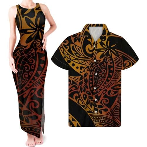 HYCOOL Custom Polynesian Tribal Print Matching Outfits Couples Fashion Womens Sleeveless Bodycon Dresses Maxi Dress Ladies Women