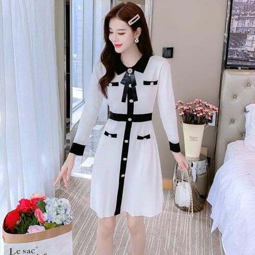 Casual Hit Color Knitted Pullover Mini Dresses Women 2021 Autumn Winter Elegant Turn-down Collar Long Sleeve Sweaters Dress Lady
