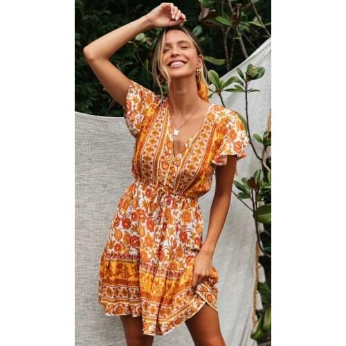 TEELYNN yellow dress floral print vintage cotton women casual dress with flower boho mini dresses summer 2020 new short vestidos