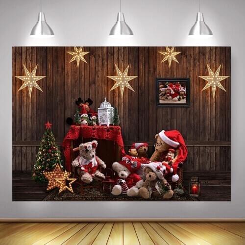 Winter Brown Rustic Wooden Wall Backdrop Glitter Stars Fireplace Merry Christmas Gifts Toys Photo Background Christmas Trees