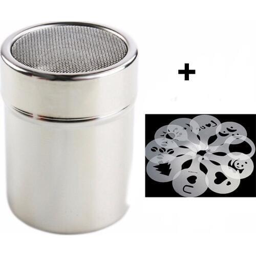 1pc Stainless Steel Chocolate Shaker Cocoa Flour Coffee Icing Sugar Powder Sifter+ 16Pcs Coffee Stencils Template Strew Pad