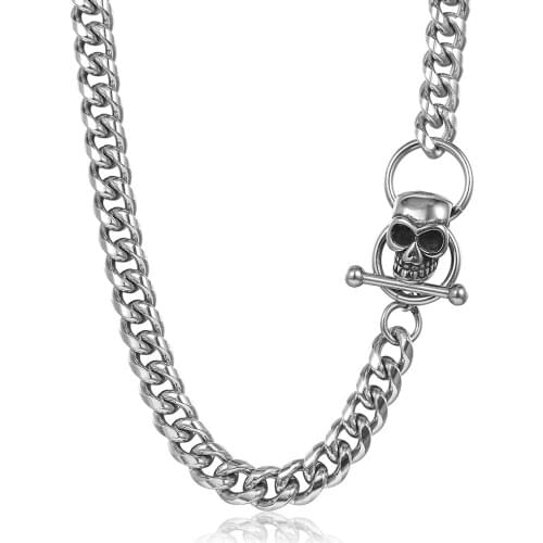 Chunky Skull Charm Necklace Stainless Steel Cuban Curb Link Chain for Men Women Toggle Punk Gothic Male Jewelry Gift DDN263