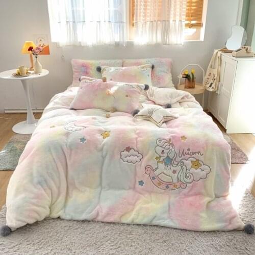 Rainbow Unicorn Cute Girls Bed Skirt Duvet Cover Bed Linen Fitted Sheet Pillowcases Bedclothes Full 3PCS Queen King 4PCS