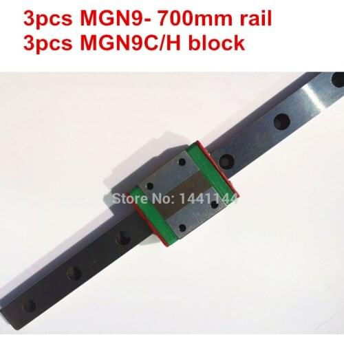 MGN9 Miniature linear rail:3pcs MGN9 - 700mm rail+3pcs MGN9C/MGN9H carriage for X Y Z axies 3d printer parts