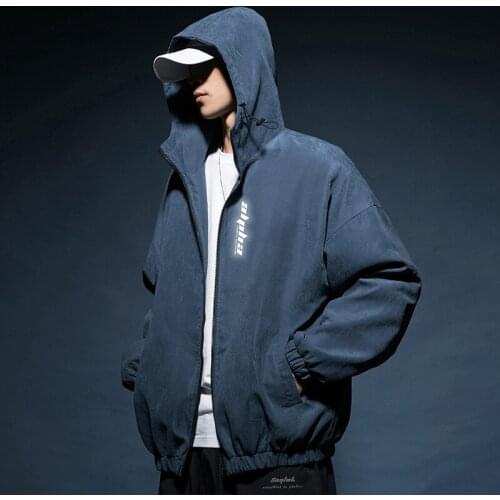 Mens Fashion Street Windproof Suede Casual Jacket Mens Korean Reflective Hot Printing Tide Brand Hooded Jacket Men