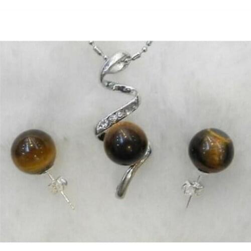 New hot Natural 10mm African Roar Tigers Eye Stone Beads Pendant Necklace Earrings Set