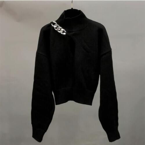 2020 Autumn Winter New High Neck Long Sleeve Chain Short Sweater Female Hollow Hole Sexy Slim Black Knit Sweater