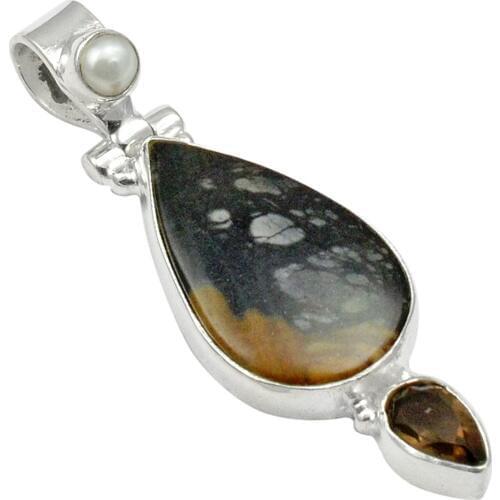 Lovegem Genuine Picasso Jasper & Smoky Quartz & Pearl Pendant 925 Sterling Silver ,45 mm, AP4257