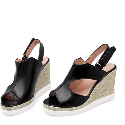 PQECFS Big size 33-43 high quality hot sale summer new fashion women solid high heels wedge sandals 4 colors
