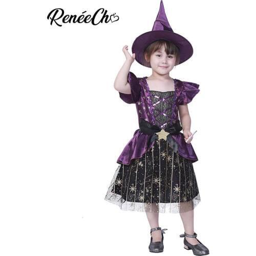 Reneecho Purple Star Witch Costume Girls Halloween Costume for Kids Carnival Party Cosplay Shiny Glitter Children Dress With Hat