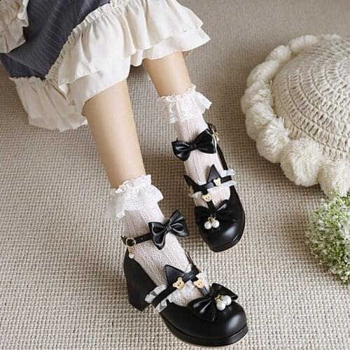 Romance Original Lo Lolita Shoes Bowknot Student Sweet round Head Chunky Heel Girls Shoes Kawaii Shoes Gothic Shoes