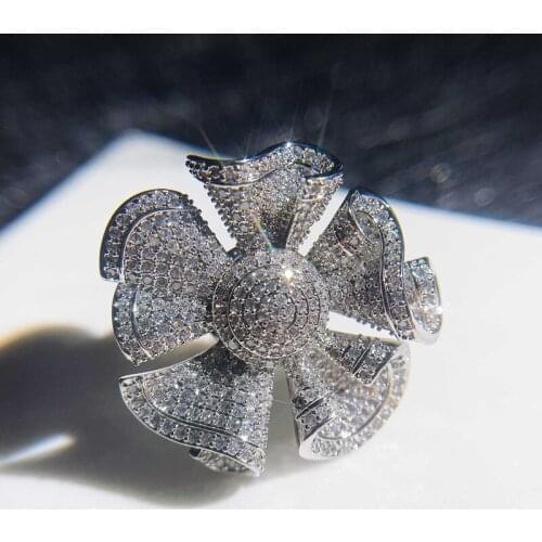 Europe America Luxury Jewelry Women Hot Sale Big Flower Silver Ring With Full Shiny Zircon Engagement Cocktail Party Accessories