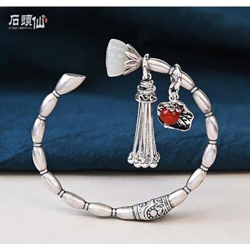 Ethnic wind solid national wind retro style tassel personality opening handmade ancient lotus root silver bracelet