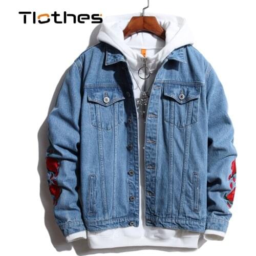 Blue Denim Jacket Mens Clothing Rose Flower Embroidery Denim Shirt Men Leisure Long Sleeve Jeans Shirts Mens Jeans Jacket Male